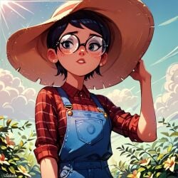 1girls ai_generated carmen_sandiego_(2019) carmen_sandiego_(franchise) farmer farmer_hat female female female_focus glasses hat julia_argent julia_argent_(carmen_sandiego) outdoors outside overalls short_hair solo solo_female solo_focus zupern0va_(manipper)