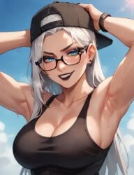 ai ai_generated allouette_(subboy01) armpit_fetish armpits arms_up backwards_hat black_lipstick blue cleavage clothed clothing eyes glasses hat lipstick original original_character smooth_armpits smug subboy01 tank_top white_hair