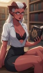 1girls ai_generated ass bigmic145 bra breasts cleavage critical_role critical_role:_vox_machina demon demon_girl female female_only glasses horns librarian long_hair pencil_skirt pointy_ears red_body red_skin shirt skirt tail teasing the_legend_of_vox_machina zahra_hydris