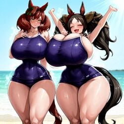 2025 2girls ai_generated arms_up beach big_breasts black_hair blush bouncing_breasts breasts breasts_bigger_than_head brown_hair cleavage closed_eyes curvaceous curvaceous_female curvaceous_figure curves curvy curvy_body curvy_female curvy_figure curvy_hips embarrassed female female_only gigantic_breasts hand_on_breast happy heavy_breathing hi_res highres hips hips_wider_than_shoulders horse_ears horse_girl horse_tail hourglass_figure huge_breasts huge_thighs hyper_breasts large_breasts large_thighs light-skinned_female light_skin lips looking_down marvelous_sunday_(umamusume) massive_breasts massive_thighs narrow_waist nice_nature_(umamusume) nunai open_mouth outdoors petite shortstack sideboob steam steaming_body steamy_breath swimsuit thick_thighs thighs tight_clothing tracen_swimsuit twintails umamusume umamusume_pretty_derby venus_body voluptuous voluptuous_female wide_hips yellow_eyes