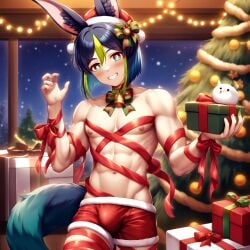 1boy ai_generated boxers bulge bulge_through_clothing christmas christmas_decorations christmas_lights christmas_present christmas_tree fox_boy fox_ears fox_tail genshin_impact gift_box green_hair male male_focus shirtless shirtless_male solo_male tighnari_(genshin_impact) toned toned_body toned_male toned_stomach two_tone_hair wrapped