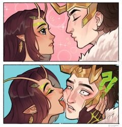 1boy 1boy1girl 1girls 2025 2_panel_comic 2d_(artwork) 2koma ?! artist_name asgardian cheek_lick clothed_female clothed_female_clothed_male clothed_male comic god heart_symbol licking_cheek licking_partner loki_(marvel) mantis_(marvel) marvel marvel_rivals mythology norse_mythology pink_background saliva saliva_on_face screenshot shocked soapallo wholesome