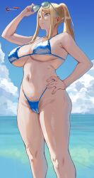 1girls awesomeerix beach. big_breasts bikini blonde_female blonde_hair blonde_pubic_hair blue_bikini hi_res highres huge_breasts metroid nintendo nipple_bulge pubes pubes_exposed pubic_hair pubic_hair_peek pussy_bulge samus_aran swimsuit thick_legs thick_thighs