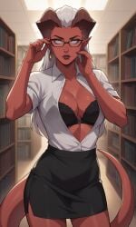 1girls ai_generated ass bigmic145 bra breasts cleavage critical_role critical_role:_vox_machina demon demon_girl female female_only glasses horns librarian long_hair pencil_skirt pointy_ears red_body red_skin shirt skirt tail teasing the_legend_of_vox_machina zahra_hydris