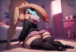 1boy 1girls ai_generated bed bedroom bedroom_eyes big_ass big_balls big_dom_small_sub big_penis blue_hair emberlynn_pinkle emberlynn_pinkle_(human_form) helluva_boss horny_female looking_at_viewer massive_ass pink_hair power_bottom skirt small_breasts small_skirt smiling smug sniffing thick_thighs thighhighs