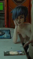 1boy 1girls 3d angry annoyed assisted_cum_tribute ava_(borderlands) balls blue_hair borderlands breasts cum cum_on_screen cum_tribute female greemyblend male nipples penis piercing piercings small_breasts sneer