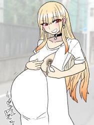 1girls belly big_belly blonde_hair breasts character_request choker female flashing flashing_breasts lactation nipples pbsheep18ovbt pregnant red_eyes solo