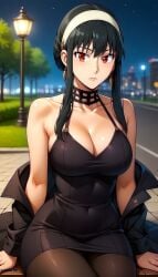 ai_generated anime anime_girl assassin babe bare_shoulders beautiful black_coat black_dress black_hair buildings busty_female chocker city cleavage coat confusion curvy dress earrings female grass headband lamp lamppost large_breasts looking_at_viewer mother night pantyhose park red_eyes seductive seductive_eyes sexy spy_x_family stable_diffusion street toongenai trees woman yor_forger