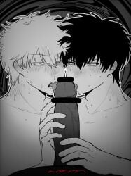 bar_censor big_penis blush collaborative_fellatio dark-skinned_male duo_focus erection fellatio gay gay_interracial gintama gintoki_sakata hijikata_toshiro holding_penis interracial licking_penis light-skinned_male male male_only male_pov mmm_threesome monochrome nikurin_ghg oral penis sweat threesome veiny_penis yaoi