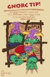 absurd_res activision anal anal_penetration anthro balls clothed clothing coffee_(artist) coffeebynight comic dragon duo european_mythology eyes_closed feral from_behind_position front_view genitals gnorc green_body hi_res knot knotted_penis larger_penetrated larger_sub male male/male mounting mythological_creature mythological_scalie mythology non-mammal_balls partially_clothed penetration penis plap purple_body questionable_consent rear_view scalie scared_eyes sex size_difference sound_effects spyro spyro_the_dragon submissive tail text western_dragon wings