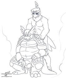 anthro armadillo armadillomon avian balls big_penis closed_eyes digimon erection hawkmon humanoid_penis male male_only mammal monochrome penis plain_background sitting smile steam wolfblade