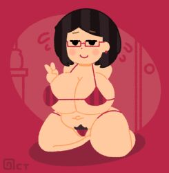 bikini black_eyes blush breasts brown_hair chibi earrings embarrassed erotic_chibi female_only glasses huge_breasts irasutoya kneeling mature_female micro_bikini milf navel octotron2000 peace_sign plump pubic_hair pubic_hair_peek self_upload short_hair solo solo_female stripes thick_thighs wide_hips your_mom