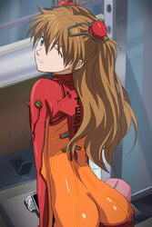 1girls artist_request ass asuka_langley_sohryu bodysuit breasts brown_hair clothing female female_only human light-skinned_female light_skin long_hair neon_genesis_evangelion orange_hair pilot_suit plugsuit rebuild_of_evangelion solo test_plugsuit wink