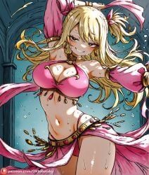 1girls ai_generated belly belly_dancer dancer_outfit dancing fairy_tail female harem_girl harem_outfit large_breasts lucy_heartfilia pink_panties pink_topwear silly silly_face solo