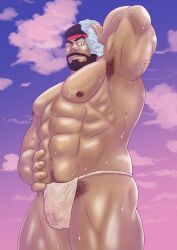 armpit armpit_hair balls bara beard bulge facial_hair flaccid fundoshi genta_iwayama headband male male_only muscles muscular penis ryu_(street_fighter) solo solo_male street_fighter sweat sweating