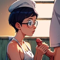 1girls ai_generated almost_naked apron apron_only barely_clothed bottomless bottomless_male breasts carmen_sandiego_(2019) carmen_sandiego_(franchise) chef_hat cleavage clothing cock female female_focus glasses grabbing grabbing_penis handjob hat holding holding_penis indoors julia_argent julia_argent_(carmen_sandiego) large_breasts looking_at_viewer mostly_nude naked_apron no_bra penis short_hair solo solo_female solo_focus standing window zupern0va_(manipper)