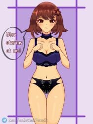 angry_face big_breasts black_panties blue_bra blush bra breasts brown_eyes brown_hair dialogue female_frisk frisk kitty_panties lips panties shiny_skin undertale