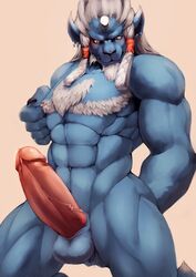 1boy abs anal anal_fingering anal_masturbation anthro balls beard biceps big_penis chest_tuft ear_piercing erection facial_hair feline final_fantasy final_fantasy_x fingering fur furry horn humanoid_penis kemoisumi kimahri kneeling male male_only mammal masturbation muscles nipple_pinch nude penis piercing precum ronso solo tuft video_games