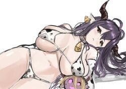 absurdres animal_print antenna_hair bell bikini black_hair breasts cow_earrings cow_print cow_print_bikini cow_print_gloves cowbell danua doll draph ear_tag female gloves granblue_fantasy gretel_(granblue_fantasy) highres horns large_breasts long_hair looking_at_viewer micro_bikini namakutaroo navel neck_bell parted_lips pointy_ears print_bikini print_gloves red_eyes swimsuit white_background