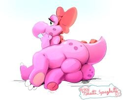 anthro ass big_ass big_balls big_penis birdo bow cock-tail dinosaur embarrassed futanari girl huge_balls huge_cock mario_(series) nautti_spaghetti nude_female penis pink_skin solo solo_female super_mario_bros. tail transgender