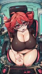 1girls ai_generated bags_under_eyes big_breasts big_thighs cleavage from_above gaming_chair glasses kasane_teto looking_at_viewer messy_hair red_eyes red_hair sitting, vocaloid