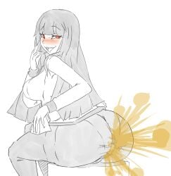 1boy 1girls ass ass big_ass big_butt blush fart fart_cloud fart_fetish farting giantess jabami_yumeko kakegurui lazei looking_back open_mouth red_eyes sketch smile suzui_ryouta tights uncolored uniform