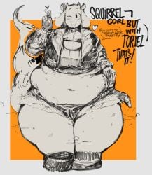 bbw daisy_dukes deltarune huge_belly huge_breasts huge_thighs milf neato_05 squirrel_girl_(cosplay) sweat thick_thighs this toriel undertale undertale_(series) wide_hips wink