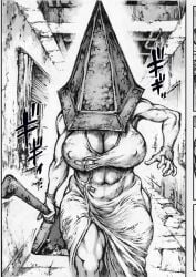 1female 1girls arm_up big_breasts big_nipples black_and_white breasts comic curvy curvy_figure double_deck female female_pyramid_head huge_breasts huge_nipples monochrome monster monster_girl muscular muscular_female nipples pyramid_head rule_63 silent_hill solo solo_female thick_thighs thighs visible_areolae