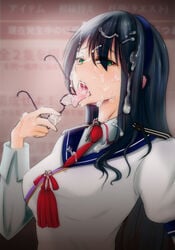 aqua_eyes black_hair bukkake bust cum cum_on_glasses glasses glasses_removed gokkun hairband kantai_collection licking long_hair neckerchief ooyodo_(kantai_collection) satou_kaede school_uniform serafuku tongue tongue_out