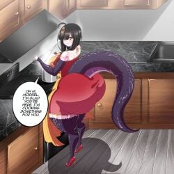 1girls apron ass ass_bigger_than_head ass_focus big_ass big_butt black_hair bottom_heavy bubble_butt clothing cooking curvaceous curvy curvy_figure cute_fangs dat_ass de_kurayami dialogue dress english_text female female_only fully_clothed hair_ornament heels huge_ass kitchen long_hair saavlewd snake snake_girl solo solo_female tagme tail talking_to_viewer text thick_thighs voluptuous voluptuous_female wide_hips yellow_eyes