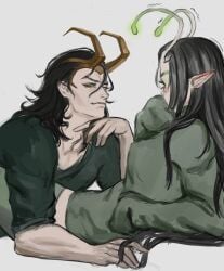 blushing drawing loki_(marvel) loki_(marvel_rivals) mantis_(marvel) mantis_(marvel_rivals) marvel_rivals sweater tagme whailsart