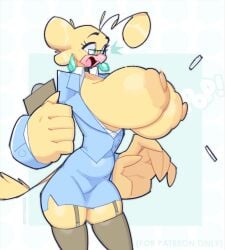 avian_humanoid bird_girl blue_eyes breasts_out clipboard dee_(doodledox) doodledox earrings glasses nipples_out office_clothing shocked_expression yellow_fur yellow_nipples