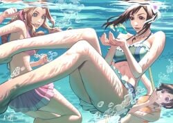 3girls 5tatsu aerith_gainsborough aerith_gainsborough_(pink_mermaid) air_bubble alluring bamboo bare_arms bare_shoulders barefoot big_breasts bikini bikini_skirt black_hair braid braided_ponytail brown_eyes brown_hair bubble cleavage female final_fantasy final_fantasy_vii final_fantasy_vii_rebirth final_fantasy_vii_remake fish flower frilled_bikini frilled_skirt frills green_eyes grey_bikini hair_flower hair_ornament hair_ribbon hibiscus high_res long_hair medium_breasts midriff multiple_girls official_alternate_costume orange_shirt own_hands_together parted_bangs parted_lips pink_bikini pink_flower pink_ribbon pink_skirt red_eyes ribbon shirt short_hair shorts sidelocks signature single_braid skirt smile square_enix swept_bangs swimsuit tifa_lockhart tifa_lockhart_(shining_spirit) underwater updo wavy_hair white_shorts yuffie_kisaragi yuffie_kisaragi_(summer_orange)