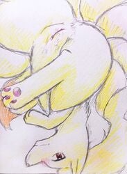 3_toes anus ass black_nose blush colored_pencil_(artwork) eiroru female fluffy fluffy_tail fur hi_res multi_tail ninetales nintendo pawpads pink_pawpads pokémon_(species) pokemon pussy pussy_juice red_eyes snout solo tears toes traditional_media_(artwork) upside-down video_games yellow_fur