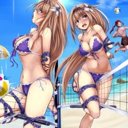 1boy animal_ears arms_behind_back ball bandana bare_shoulders beach beach_umbrella beach_volleyball beachball bikini black_hairband blonde_hair blue_eyes blue_sky bound bound_arms bound_legs breasts cat_ears cleavage collarbone crotch_rope day female flower front-tie_bikini front-tie_top granblue_fantasy hair_flower hair_ornament hairband head_tilt highres horizon jeanne_d'arc_(granblue_fantasy) large_breasts leg_up long_hair male_swimwear midair monikano multiple_views navel ocean open_mouth open_toe_shoes outdoors profile purple_ribbon pussy_juice ribbon rock saliva sandals shirtless side-tie_bikini sky stomach sunlight sweat swim_trunks swimsuit swimwear tareme tears tongue tongue_out umbrella underboob very_long_hair volleyball_net water white_ribbon