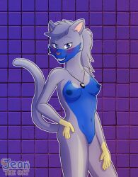 anthro areola bedroom_eyes blue_areola blue_body blue_eyes blue_fur blush breasts domestic_cat felid feline felis female fur genitals grey_body grey_fur hair hand_on_hip hand_on_leg heart_pendant hi_res jean_the_cat mammal narrowed_eyes navel nipples nude pendant_only ponytail pose pussy scoutthecat02 seductive smile smiling_at_viewer solo standing tail thick_thighs yellow_body yellow_fur