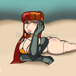 beach big_ass big_breasts big_butt big_thighs bikini bikini_top cybernetics cyberpunk doxiedummy female heterochromia momoko_(doxie) original_character split-color_hair winking_at_viewer