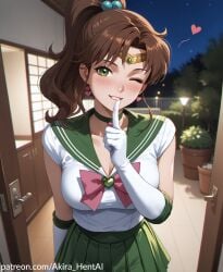 ai_assisted ai_generated akira_hentai bowtie brown green hair inviting inviting_to_oral patreon_link patreon_reward patreon_username pink sailor_jupiter shushing slut slutty uniform