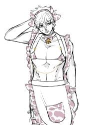 2boys alternate_costume apron cow_bikini cow_ears cow_horns cow_maid_bikini cow_print cow_print_bikini cowbell crossdressing embarrassed fake_animal_ears gay gintama gintoki_sakata linked_nipples male male_only meme_attire micro_bikini nikurin_ghg nipple_chain nipple_piercing solo spot_color toned toned_male yaoi