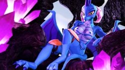 16:9 2018 3d absurd_res amber_eyes anthro anthrofied areolae armor breasts chair crystal dragon dragon_wings female friendship_is_magic furniture hasbro hi_res horn looking_at_viewer membrane_(anatomy) membranous_wings my_little_pony mythological_creature mythological_scalie mythology nipples non-mammal_breasts princess_ember_(mlp) scalie solo tail thevioletghost throne widescreen wings