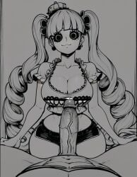 1boy admiring ai_generated big_breasts cleavage clothed clothing female greyscale happy huge_breasts huge_cock line_art looking_at_penis male monochrome one_piece paralap penis_awe penis_out perona wide_hips