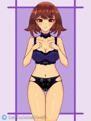 angry_face big_breasts black_panties blue_bra blush bra breasts brown_eyes brown_hair frisk kitty_panties lips panties shiny_skin undertale