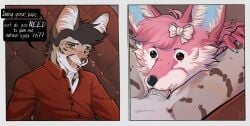 accessory anthro big_ears blush bodily_fluids bow_ribbon canid canine cheek_tuft clothing comic_panel duo facial_tuft felid feline fellatio female fennec_fox fox genitals hair_accessory hair_ribbon hairbow heterochromia hi_res key_(nmor_who) male male/female mammal meme nmor_who oblivious oral penile penis ribbons saliva saliva_on_penis serval sex shirt smile smiling_at_another smiling_at_partner topwear true_fox tuft unbuttoned unbuttoned_shirt