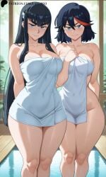 2girls ai_generated bath bathing black_hair blue_eyes breasts cleavage holding_towel kill_la_kill kiryuuin_satsuki large_breasts lay-oreo long_hair matoi_ryuuko multicolored_hair naked_towel red_streak seductive_look short_hair tagme thick_thighs thin_waist towel water