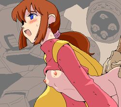 blue_eyes blush bottomless breasts brown_hair cape cl-55 daiku doggy_style erect_nipples hair_tie long_sleeves mecha nipples open_mouth out_of_frame ponytail sentou_mecha_xabungle sex shirt_lift small_breasts straight sweat tied_hair turtleneck virin_nada