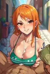 1boy 1girls ai_generated clothed clothing cum cum_between_breasts cum_on_breasts female holding_money male money nami nami_(one_piece) one_piece paid paizuri paizuri_under_clothes paralap penis prostitution public