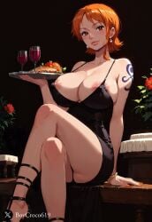 1girls ai_generated big_breasts boycroco619 dinner dress elegant female female_only ginger nami nami_(one_piece) nipple_slip nipples one_piece tattoo