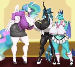 2019 3girls absurd_res alicorn anthro areola arthropod big_breasts blues64 bottomwear breasts changeling clothed clothing dragon equid equine female footwear friendship_is_magic furgonomics group hasbro hi_res holding_object horn huge_breasts legwear mammal marauder6272 membrane_(anatomy) membranous_wings miniskirt multicolored_hair my_little_pony mythological_creature mythological_equine mythological_scalie mythology nipples non-mammal_nipples princess_celestia_(mlp) princess_ember_(mlp) queen_chrysalis_(mlp) scalie skirt tail tail_through_skirt trio underboob wings