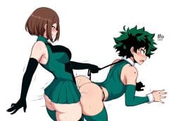 1boy 1futa ai_generated anal anal_sex ass big_breasts biting_pillow blush boku_no_hero_academia breasts brown_eyes brown_hair crossdressing fellas femdom futa_on_male futa_penetrating futa_penetrating_male futadom futanari green_eyes green_hair izuku_midoriya leash leash_and_collar leash_pull male male_penetrated malesub my_hero_academia navel novelai ochako_uraraka penis_in_ass submissive submissive_male