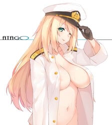 ;p admiral_(kantai_collection) admiral_(kantai_collection)_(cosplay) areola_slip areolae atago_(kantai_collection) black_gloves blonde_hair blush breasts female gloves green_eyes hat hsuliherng kantai_collection large_breasts long_hair looking_at_viewer military military_uniform naked_coat naval_uniform navel one_eye_closed open_clothes open_shirt out-of-frame_censoring simple_background smile solo tongue tongue_out underboob uniform white_background